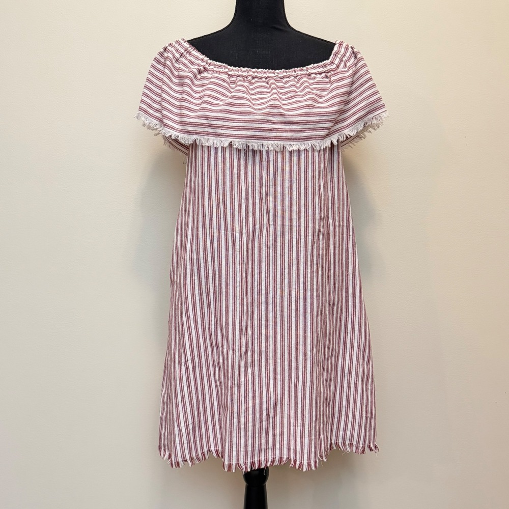 Ethereal by Paper Crane Linen Cotton Striped Off Shoulder Fringe Mini Dress Wo M